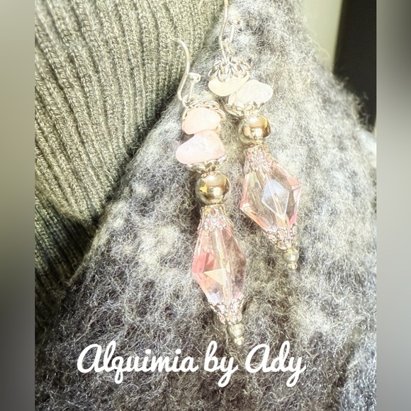 PINK QUARTZ JEWELED  DIAMOND STYLE DANGLE EARRINGS - Picture 1 of 1